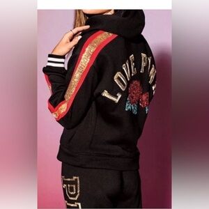 PINK Victoria's Secret bling sequin hooded Rose sweatshirt sz large rare